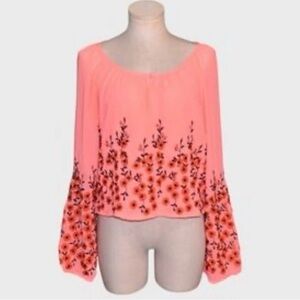 Free People Coral Peasant Top with Floral Embroidery